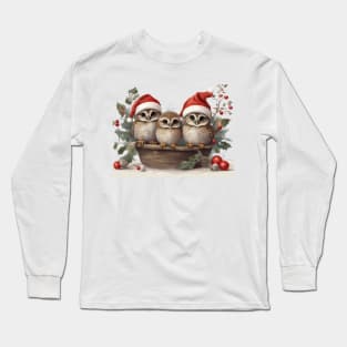 Cute Christmas Owls Trio: A Whimsical Branch of Festive Delight!" Long Sleeve T-Shirt